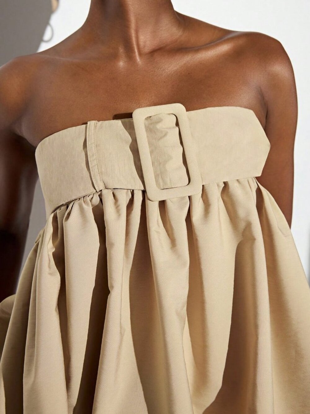 Khaki Casual Women's Strapless Belt Buckle Voluminous Balloon Hem Top - Picture 3 of 7